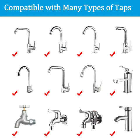 2 Pack 360 Degree Rotating Faucet Filter Purifier For Kitchen And Bath Hassle Free Removes Chlorine Fluoride Heavy Metals And Hard Water Delivers Cleaner Tasting Sink Water For Home Use shown compatible with various tap designs