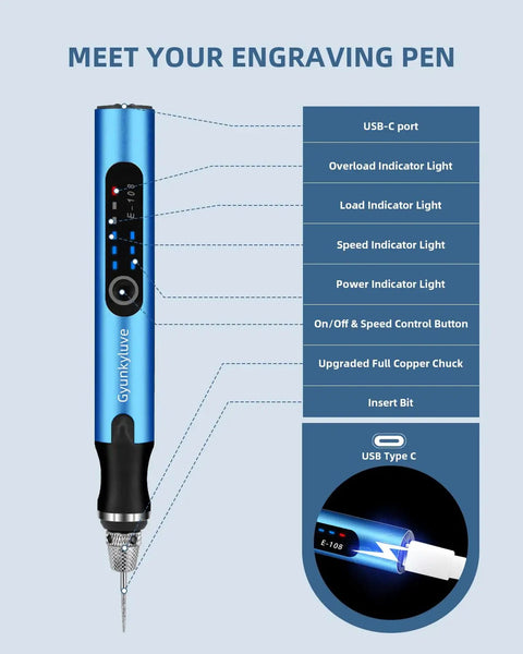Wireless Engraving Pen Kit With 34 Bits 3 Speed Control Two Part Collet Lock product features and USB-C port