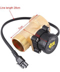 G1 Thread 220V Water Flow Sensor For Booster Pumps With Magnetic Automatic Control Switch, gold and black, showing measurements.