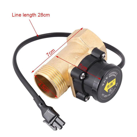 G1 Thread 220V Water Flow Sensor For Booster Pumps With Magnetic Automatic Control Switch, gold and black, showing measurements.