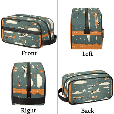 Must Have Airplane Cosmetic Bag For Women, Cute Cartoon Aircraft Makeup Organizer Pouch in four views, waterproof polyester