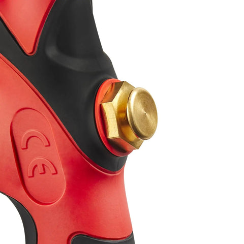Heavy-Duty Digital Tire Pressure Gauge With Inflator, Clip-On Chuck, 20 Inch Air Hose, Easy Read 0.1 PSI Display, Pistol Grip, Pro Grade Build, 255 PSI Max, 1/4 Inch NPT, Made In USA red handle with brass chuck close-up