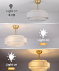 XINGSIYUELYX Ceiling Fan with Light in gold finish, showcasing light on and off, featuring a layered design.