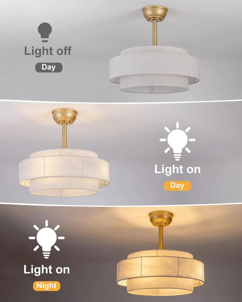 XINGSIYUELYX Ceiling Fan with Light in gold finish, showcasing light on and off, featuring a layered design.