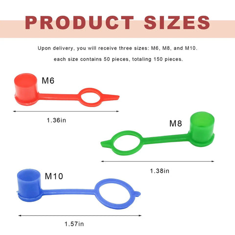Image showing product sizes for Grease Fitting Cap Kit For Cars Trucks And Motorcycles 150 PC M6 M8 M10 Zerk Cap With Retaining Ring Dust Covers.