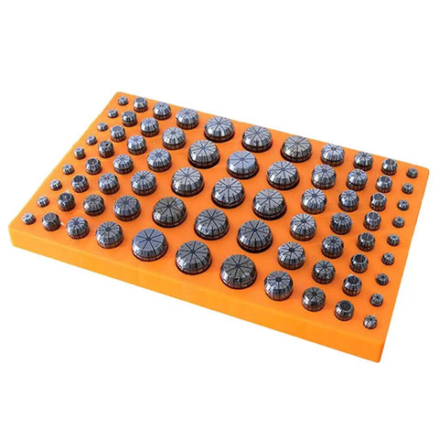 Heavy Duty Thickened Router Bit Storage Tray For ER25 ER32 C32 Collets Featuring 24 And 33 Millimeter Holes on an orange rack.