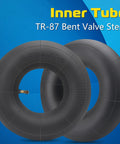 4.10/3.50-4 Replacement Inner Tube With Bent Valve Stem, 10 Inch Outer Diameter, displayed on blue background.