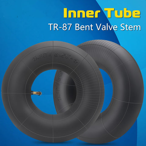 4.10/3.50-4 Replacement Inner Tube With Bent Valve Stem, 10 Inch Outer Diameter, displayed on blue background.