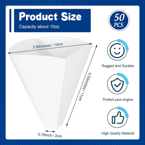 Diagram showing dimensions of 50 Pack Disposable Paper Oil Funnels, 10 Oz Capacity, Large Engine Oil Change Cones for Gas Cars.