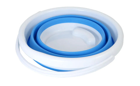 Collapsible 2.6-Gallon Camping Bucket, Lightweight Portable Water Carrier, folded view, TPR/PP material, outdoor use.