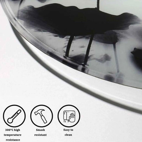 Close-up of Tempered Glass Lazy Susan Rotating Turntable showing detailed edge and black design on 31.5 inch surface.