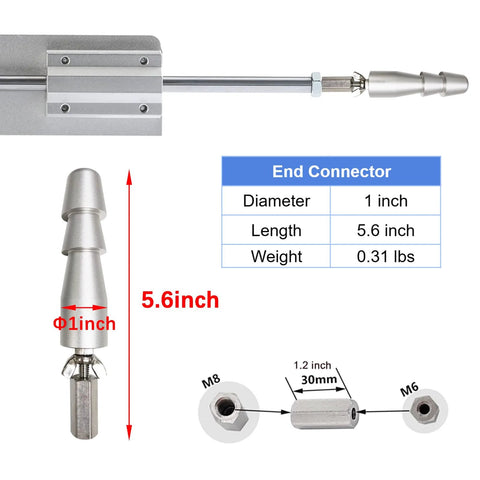 Front view of JQDML 24V reciprocating linear actuator kit with stand; end connector 1 in diameter, 5.6 in long, remote controller