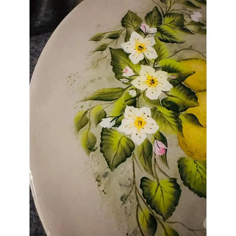 Detail of 13 Inch Hand Painted Lemon Lazy Susan With Floral Wood Turntable Handmade Serving Tray For Kitchen Counter Or Dining Table Rustic Country Decor With Resin Finish showing floral art.