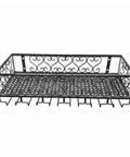 Straight Up Badass Wall Mounted Metal Wine Rack With Industrial Stemware Holder And Dual Row Bottle Organizer For Swanky Kitchen Or Home Bar Setup Black, top view showing hooks and design.