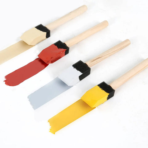 Kick Ass 1 Inch Foam Paint Brushes 12 Pack with painted tips in various colors for Mod Podge, wood staining, and crafts.