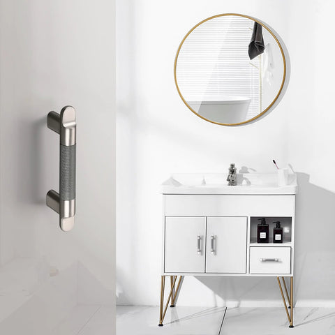 Bathroom cabinet with Knurled Cabinet Pulls Three And Three Quarters Inch Center To Center Five Pack In Grey And Brushed Nickel, installed handle