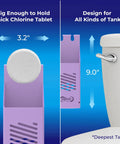 Infiniti Toilet Tank Tablet Holder with blue toilet bowl tablets fits 3.2-inch wide chlorine tablets and 9-inch deep tank design.