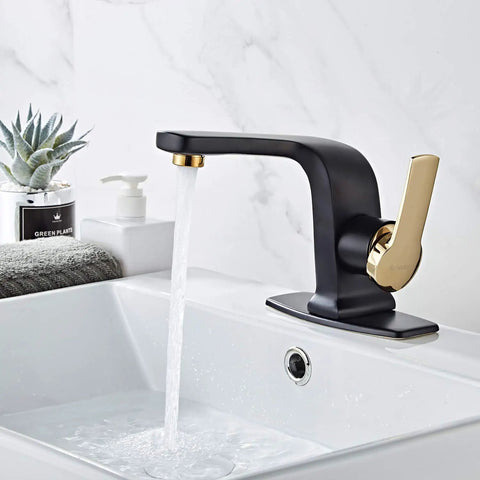 Modern Matte Black Bathroom Faucet With Single Lever Handle For 1 Hole Sink On 6 Inch Deck, water flowing, brass construction