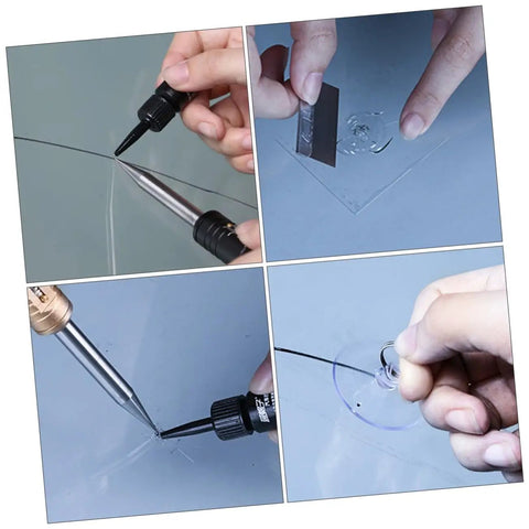 Powerful Windshield Crack Repair Kit For Quick Easy Fixes And Large Area Cracks Tool Set being used on auto glass cracks