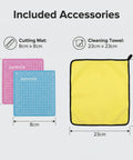 Leather Stitching And Hole Punch Set For DIY Leatherwork With Pro Grade High Carbon Steel Chisels And Hollow Punches, Includes 4mm Spaced Prongs 1/2/4/6 And 1.5mm To 5mm Punches, Plus Cutting Mats, Cleaning Cloth, And Storage Box showing pink and blue 8cm cutting mats and yellow 23cm cleaning cloth