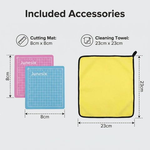 Leather Stitching And Hole Punch Set For DIY Leatherwork With Pro Grade High Carbon Steel Chisels And Hollow Punches, Includes 4mm Spaced Prongs 1/2/4/6 And 1.5mm To 5mm Punches, Plus Cutting Mats, Cleaning Cloth, And Storage Box showing pink and blue 8cm cutting mats and yellow 23cm cleaning cloth