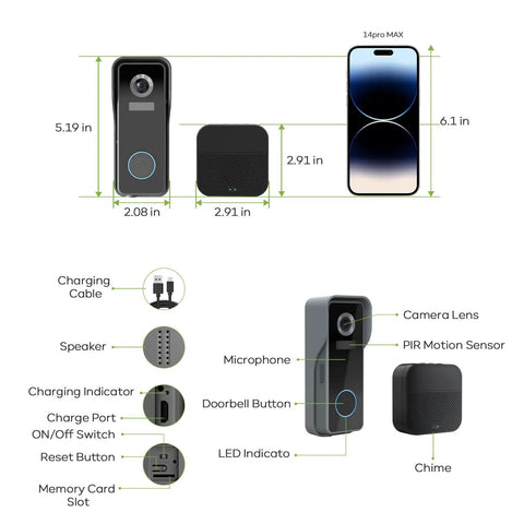 Dimensions and components of 2K Wireless Video Doorbell With Chime And Cloud Storage Night Vision Clarity AI Motion Detection
