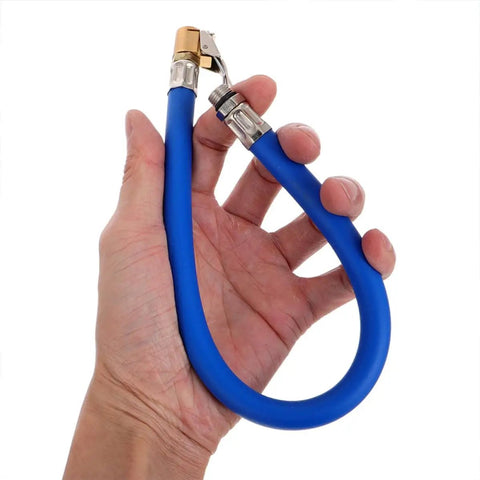 Universal Tire Inflator Hose Kit 2pcs With Copper Locking Air Chuck For All Vehicles Easy Carry Small Size Lightweight Gear To Store Anywhere In Your Garage Or Trunk Ready To Use For Road Trips Or Emergencies When You Need Air For Your Tires. blue tire inflator hose with copper locking air chuck held in hand