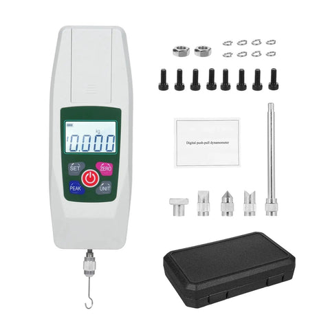 Push And Pull Tester Meter Mini Dynamometer With 4 Measurement Units Backlit Display Buzzer Alarm For Compression And Tension Acceleration Setting For Precision Upper And Lower Limit Alerts KF50, white handheld kit with hook and accessories
