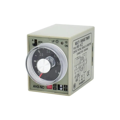 Multi Range 8 Pin Electric Timer Relay With Socket Base For 24V 110V 220V 380V Adjustable Delay And Quick Setup NA/NB/NC/NE/ND Series Plug And Play Ready Reliable Control Timer For Industrial Circuits, front view AH3-NC timer relay