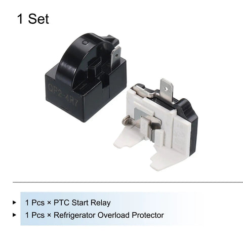 PTC Starter Relay For Refrigerators One Pin Four Point Seven Ohm Overload Protector, 1/2 HP, black and white components set