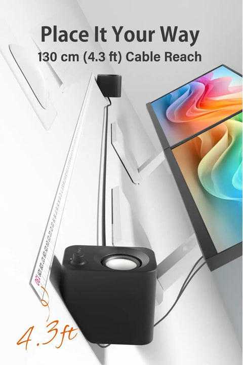 14W USB Powered Stereo PC Speakers With Compact Size And 30 Degree Tilt Design showing 130cm cable reach