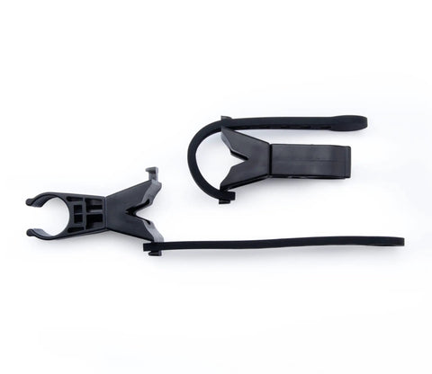 Heavy Duty Hydraulic Bicycle Brake Bleed Kit With DOT Fluid Dual Syringes Quick Connect Hoses Bleed Blocks And Mounts For SRAM Formula Hayes Hope And More, showing black plastic mounts and clips.