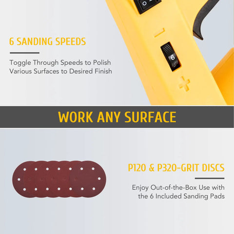 Close-up of Six Speed Drywall Sander With Vacuum Attachment And LED Lights Extendable Handle Dust Collection And Six Sanding Discs Powerful Woodworking And Home Improvement Tool For Smooth Ceilings And Walls, showing sanding speed controls and sanding discs.