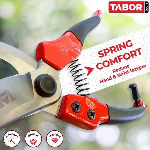 Close-up of S821A Bypass Pruning Shears, red with spring, designed for small to medium hands, showcasing comfort features.