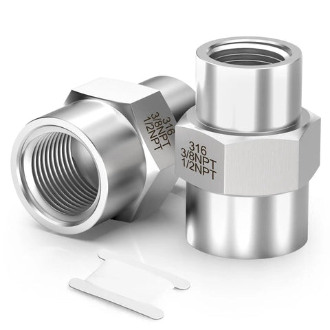 2 Pack Forged 316L Stainless Steel Reducer Coupling One Half Inch NPT Female To Three Eighth Inch NPT Female Pipe Fitting Reducing Adapter