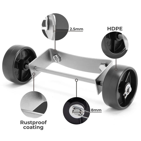 Front view: patio heater wheel kit with two HDPE wheels on rustproof metal frame.