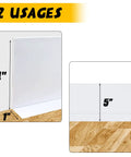 Diagram showing 4" and 5" Super Easy Install Flexible Vinyl Baseboard Trim Molding on wood floor, white color.