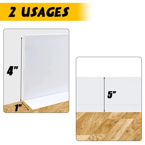 Diagram showing 4" and 5" Super Easy Install Flexible Vinyl Baseboard Trim Molding on wood floor, white color.