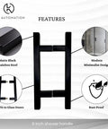 Heavy Duty H Shape Ladder Door Handle For Shower Glass Doors Slick Matte Black Finish Six Inch Stainless Steel Pull with features highlighted.