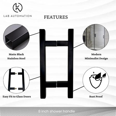 Heavy Duty H Shape Ladder Door Handle For Shower Glass Doors Slick Matte Black Finish Six Inch Stainless Steel Pull with features highlighted.