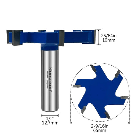 Extra Large Six Flute CNC Spoilboard Surfacing Router Bit With Half Inch Shank Two And Nine Sixteenths Inch Diameter Ten Millimeter Cutting Length Slab Flattening Planer For Woodworking And Milling, showing size specifications.