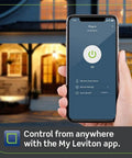 Smartphone displaying My Leviton app with Decora Smart Plug 2nd Gen WiFi Works With Matter Voice Assistant Compatible With Alexa Google