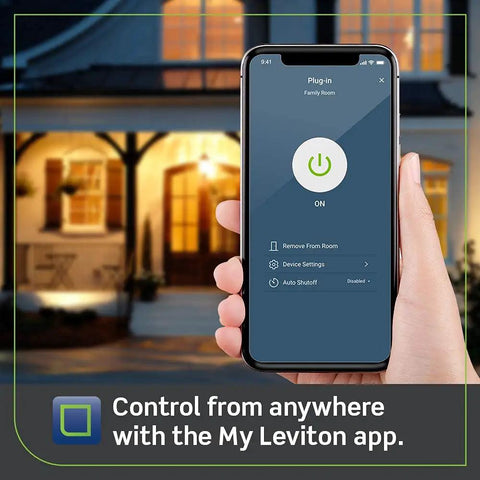 Smartphone displaying My Leviton app with Decora Smart Plug 2nd Gen WiFi Works With Matter Voice Assistant Compatible With Alexa Google