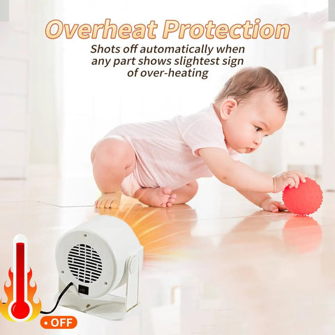 Compact Portable Space Heater With 400W Or 600W Power For Indoor Use demonstrating overheat protection near a child