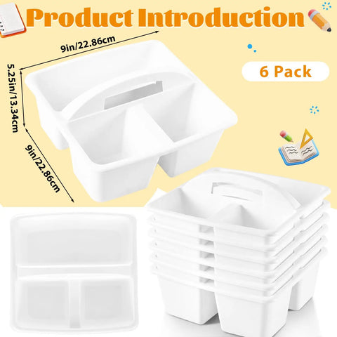 Six Pack Three Compartment Plastic Classroom Organizer With Handle White Caddy dimensions and stack view
