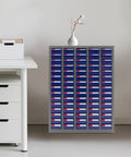 Heavy Duty Steel Parts Cabinet, 75 Drawer Bolt And Nut Sorter With Built In Dividers in grey and blue, organized in a workspace.
