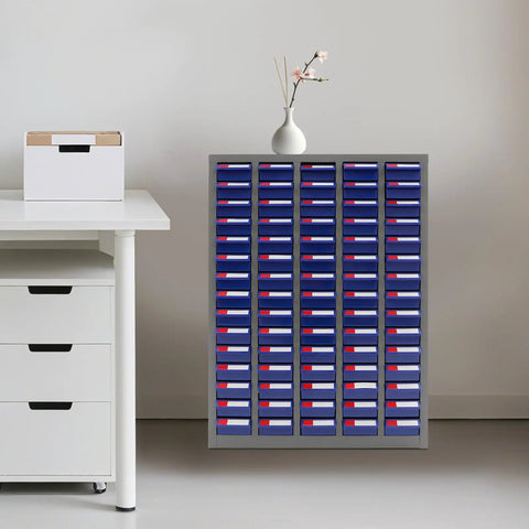 Heavy Duty Steel Parts Cabinet, 75 Drawer Bolt And Nut Sorter With Built In Dividers in grey and blue, organized in a workspace.