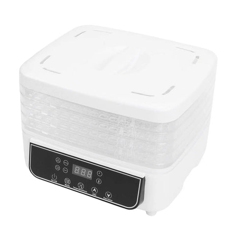 Top Shelf Food Dehydrator With Five Tier Trays And Smart Digital Timer Delivers Effortless 360 Degree Airflow For Drying Beef Jerky Fresh Fruits Crispy Veggies And Weekend Batch Snacks On 160 Watt Us Plug 110V, showing five clear trays and digital control panel.