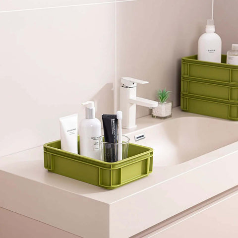 Heavy Duty Stackable Plastic Storage Bin For Kitchen, Bathroom, Office And Camping, Multi Purpose Organizer Tote, Green 2L on sink