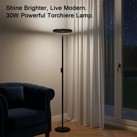 Sky LED Modern Torchiere Floor Lamp With Remote And Touch Control, Ultra Bright 30W 2400LM Tall Pole Light, 3 Color Temperatures, No Fuss Dimming, Ideal For Living Room Bedroom Office, Black Finish